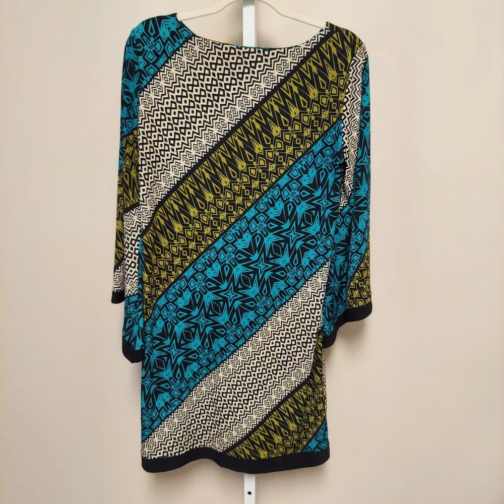 Emma & Michele Geometric Tribal Print Bell‎ Sleeve Tunic Top Dress M Boho Mod